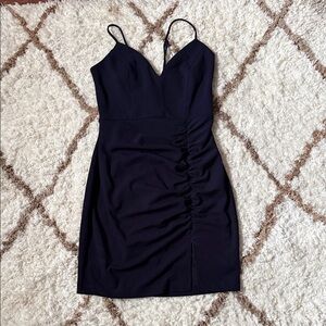 Emerald Sundae Black Spaghetti Strap Ruched Mini Dress